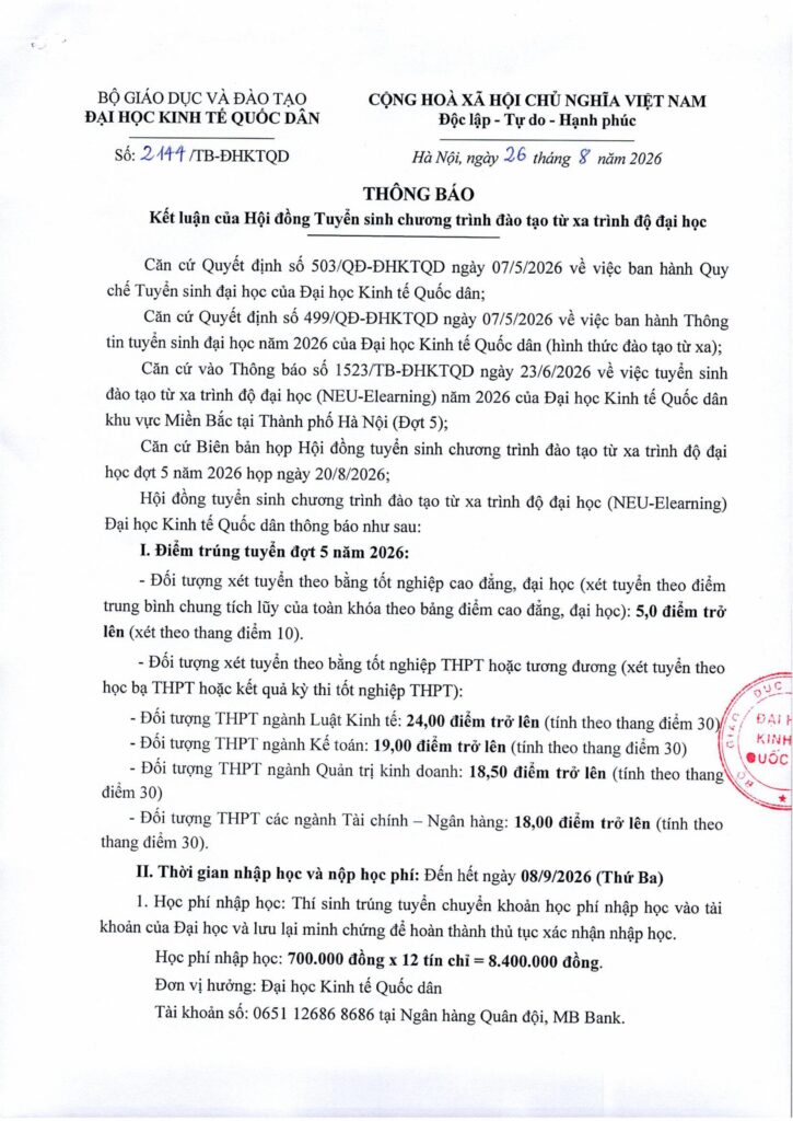 Thông báo trúng tuyển đại học từ xa 2026